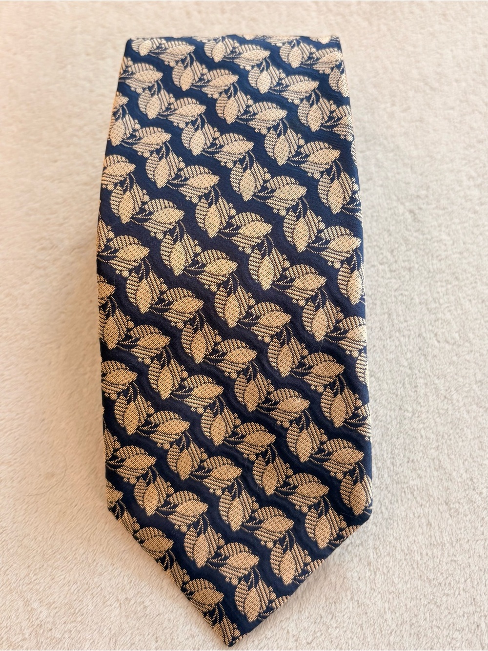 Gianfranco Ferre 100% Silk Navy Tie with Gold Leaf Pattern